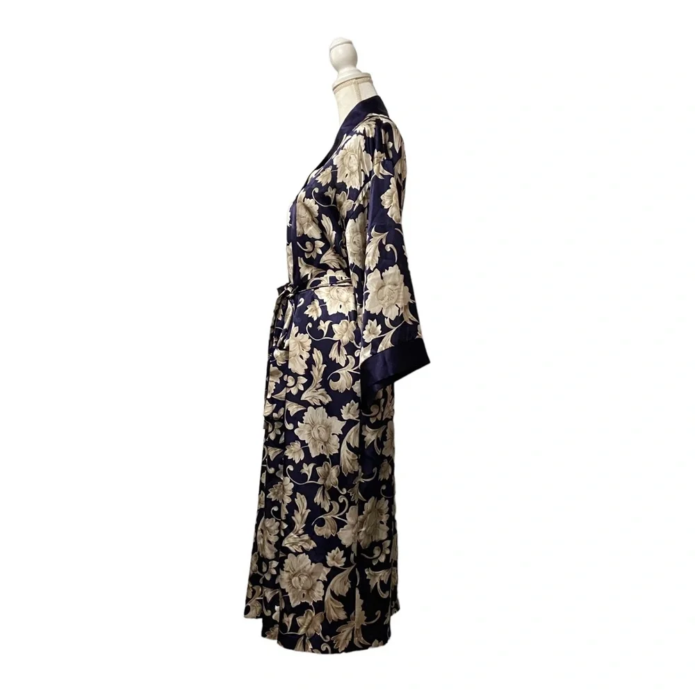 80’s VTG Adonna Kimono Satin Women’s Medium Floral Print Robe Navy Blue Romantic